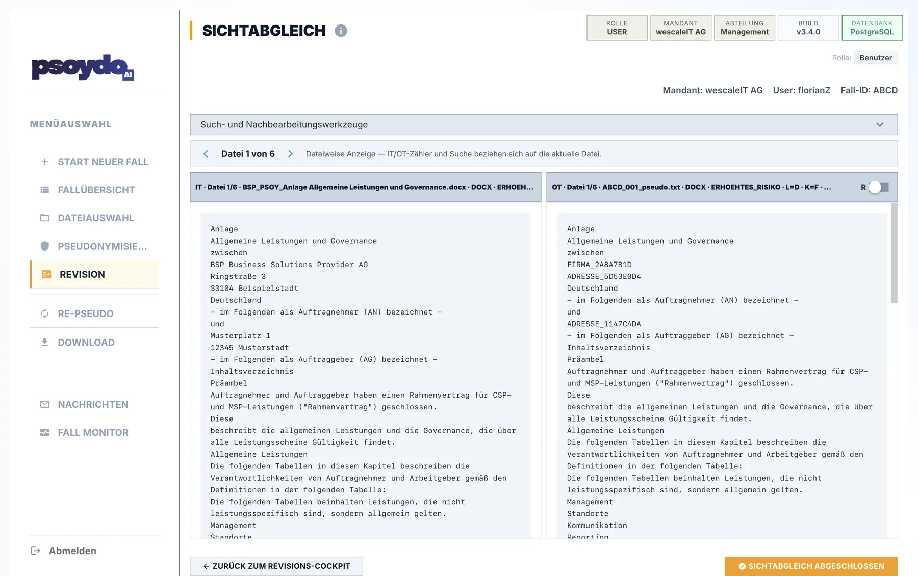 Psoydo Sichtabgleich mit internem Originaldokument und pseudonymisierter Ausgabe